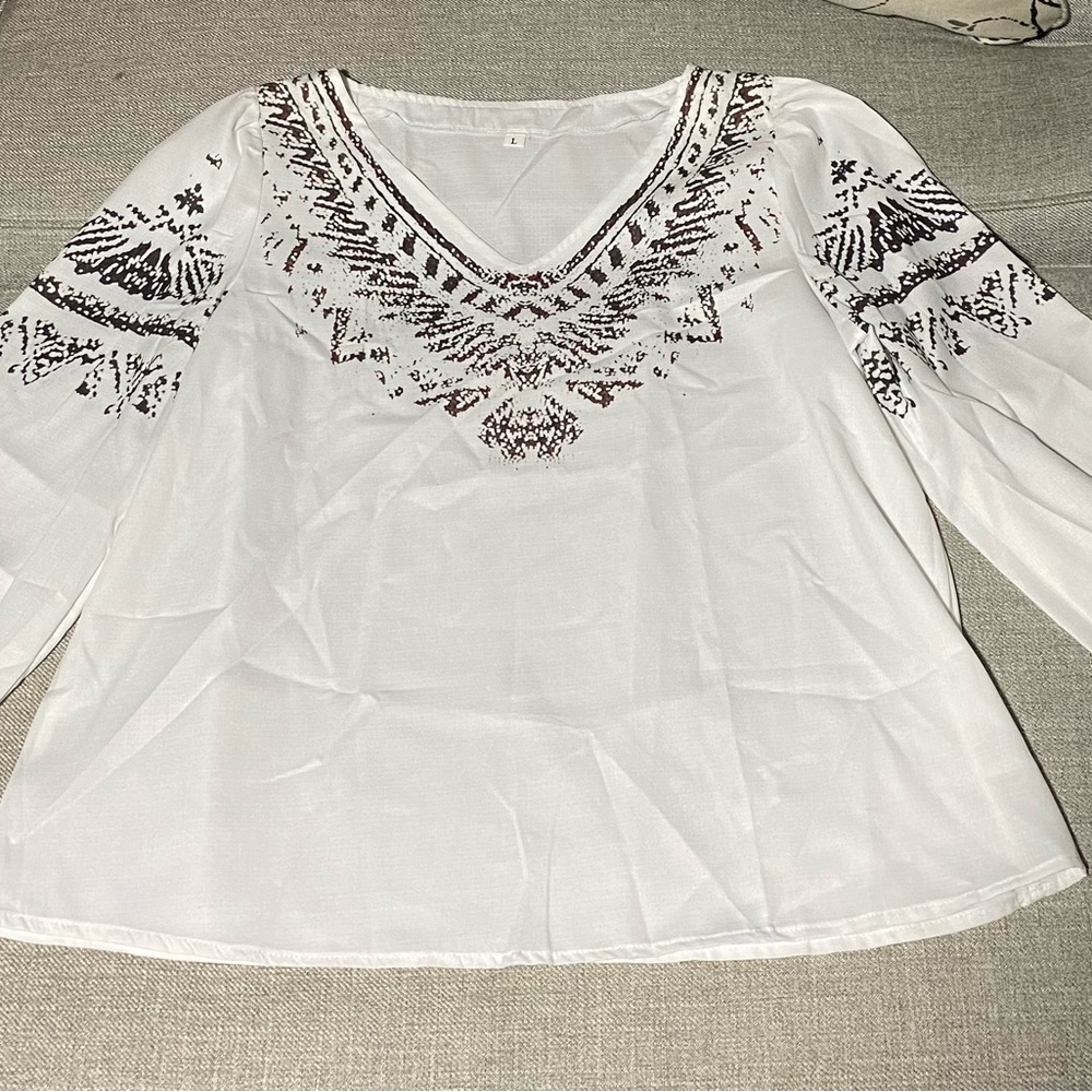 White V-Neck Embroidered Women’s Top